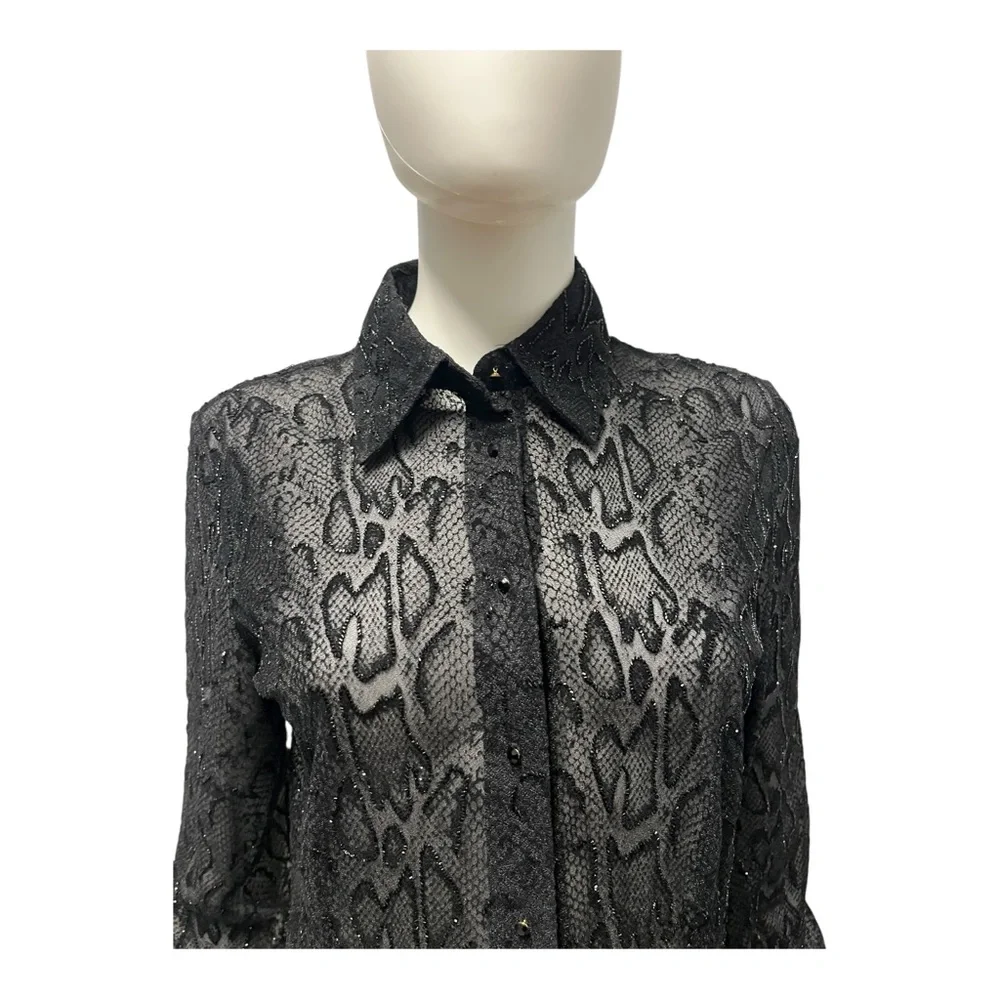 Carmen Marc Valvo Collection Black Shimmer Beaded Cocktail Party Shirt Top 8 - Picture 7 of 9